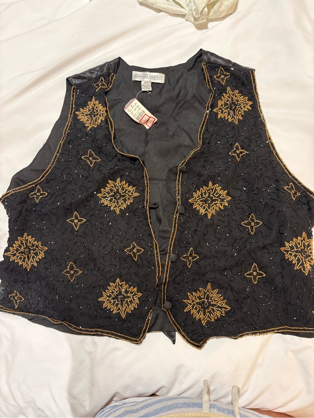Vintage Amanda Smith Black Embroidered Gold-Trim beaded silk Vest NEW - Picture 1 of 12
